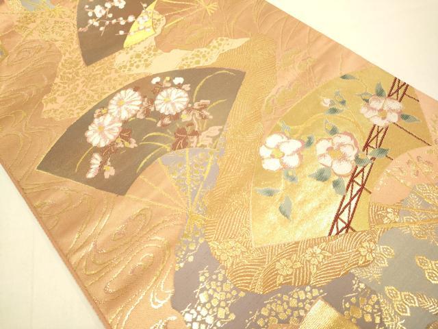 平和屋本店▼六通柄袋帯　乾山道長扇面散らし　純金二重箔　正絹　逸品　DABK7568du