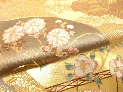 平和屋本店▼六通柄袋帯　乾山道長扇面散らし　純金二重箔　正絹　逸品　DABK7568du