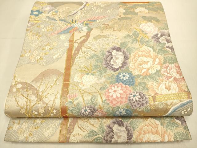 平和屋本店▼六通柄袋帯　唐織　花園鳳凰飛翔　純金箔　正絹　逸品　DABK7569du