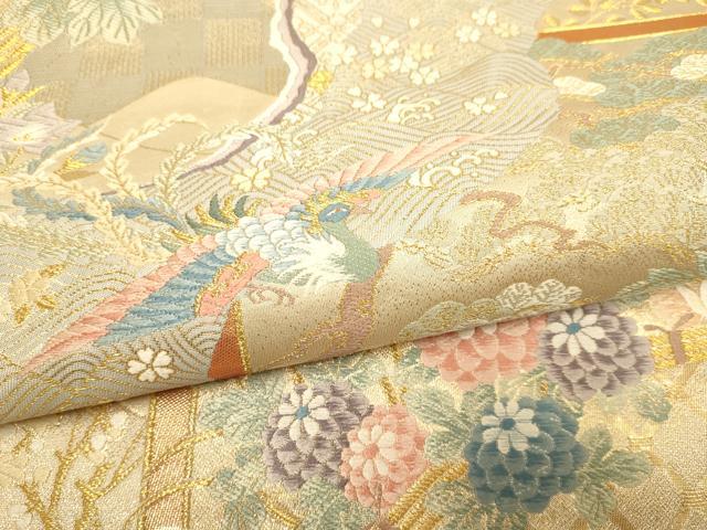 平和屋本店▼六通柄袋帯　唐織　花園鳳凰飛翔　純金箔　正絹　逸品　DABK7569du