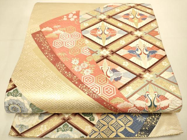 平和屋本店▼六通柄袋帯　唐織　双鶴菱吉祥花文　九百錦純金箔24K　正絹　逸品　DABK7570du