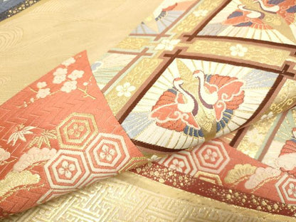 平和屋本店▼六通柄袋帯　唐織　双鶴菱吉祥花文　九百錦純金箔24K　正絹　逸品　DABK7570du