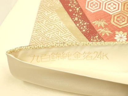 平和屋本店▼六通柄袋帯　唐織　双鶴菱吉祥花文　九百錦純金箔24K　正絹　逸品　DABK7570du
