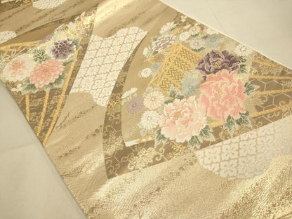 平和屋本店▼六通柄袋帯　扇面花文　弐拾四金二重織　正絹　逸品　DABK7572du