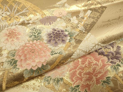 平和屋本店▼六通柄袋帯　扇面花文　弐拾四金二重織　正絹　逸品　DABK7572du