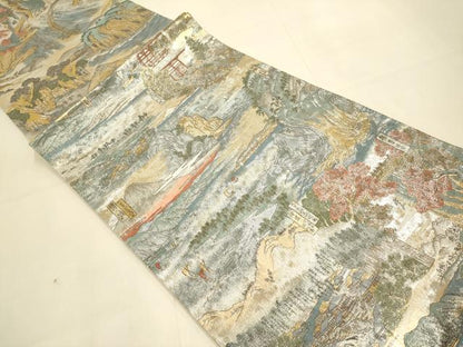 平和屋本店▼極上　西陣あさぎ　両面　全通全景柄袋帯　廣重　六十餘州名勝圖曾全景図　24金プラチナ二重箔　正絹　逸品　DABK7580du