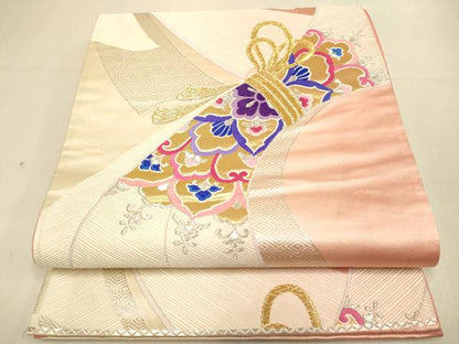 平和屋本店▼六通柄袋帯　束ね熨斗花文　K24金箔二重織　正絹　逸品　DABK7584du