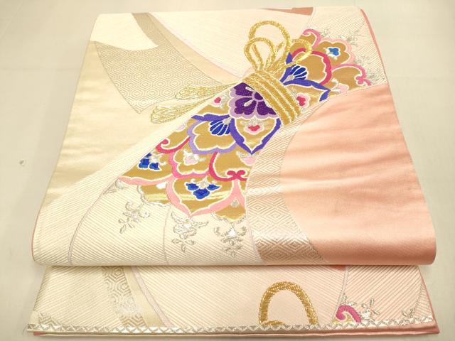 平和屋本店▼六通柄袋帯　束ね熨斗花文　K24金箔二重織　正絹　逸品　DABK7584du
