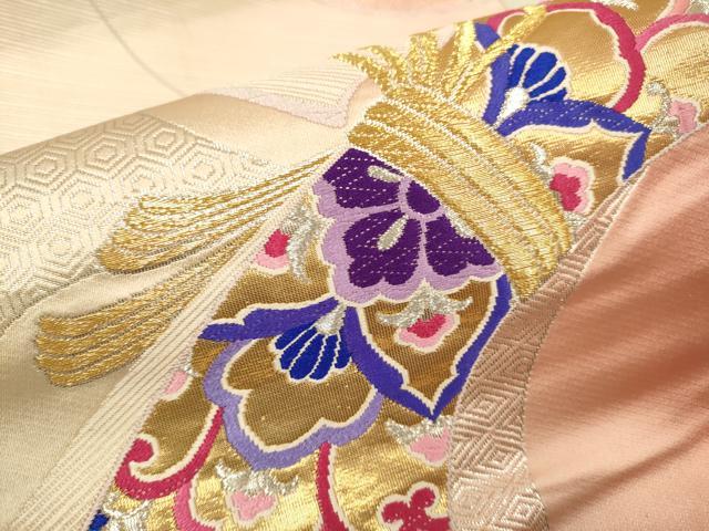 平和屋本店▼六通柄袋帯　束ね熨斗花文　K24金箔二重織　正絹　逸品　DABK7584du