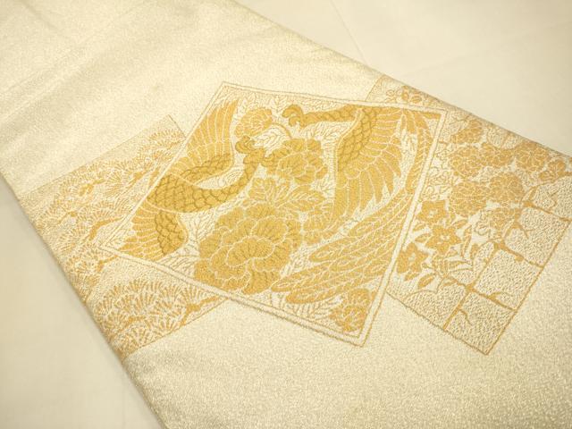 平和屋本店▼綴れ　太鼓柄袋帯　色紙花鳥文　純金糸24金箔　正絹　逸品　DABK7585du
