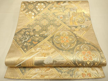 平和屋本店▼六通柄袋帯　檜垣蒔絵文　純金箔　手織二重箔　正絹　逸品　DABK7589du