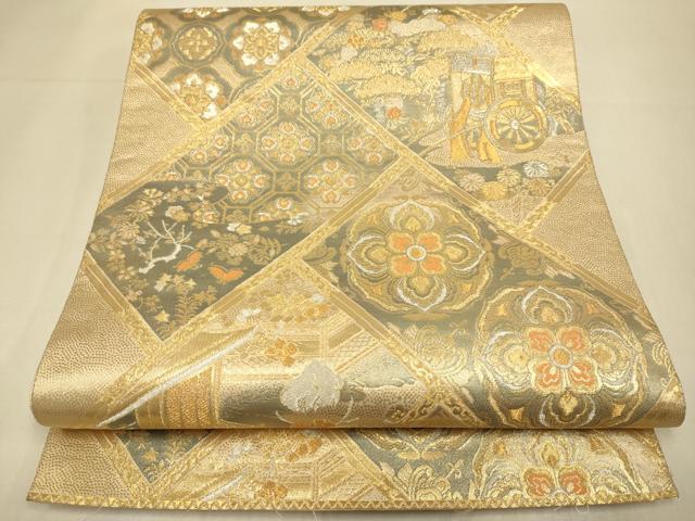 平和屋本店▼六通柄袋帯　檜垣蒔絵文　純金箔　手織二重箔　正絹　逸品　DABK7589du