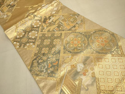 平和屋本店▼六通柄袋帯　檜垣蒔絵文　純金箔　手織二重箔　正絹　逸品　DABK7589du