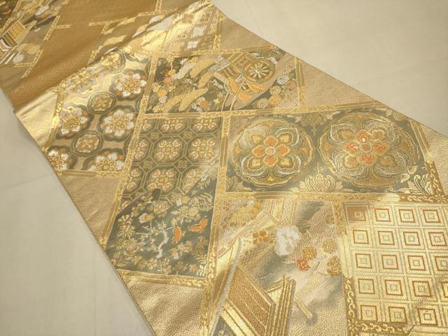平和屋本店▼六通柄袋帯　檜垣蒔絵文　純金箔　手織二重箔　正絹　逸品　DABK7589du