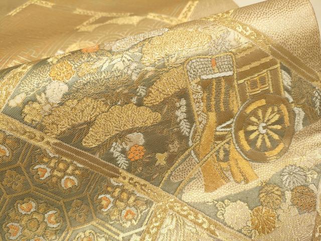 平和屋本店▼六通柄袋帯　檜垣蒔絵文　純金箔　手織二重箔　正絹　逸品　DABK7589du