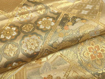 平和屋本店▼六通柄袋帯　檜垣蒔絵文　純金箔　手織二重箔　正絹　逸品　DABK7589du