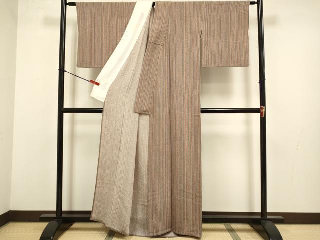 平和屋着物▽上質な小紋　単衣　縞　鬼しぼ縮緬　正絹　逸品　DABK7758du