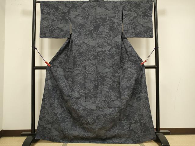 平和屋着物▽本場結城紬　重要無形文化財　単衣　100亀甲　風景文　正絹　逸品　DABK7766du