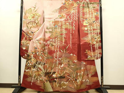 平和屋着物●豪華振袖　駒刺繍　扇面吉祥花文　金彩　正絹　逸品　DABK7858du