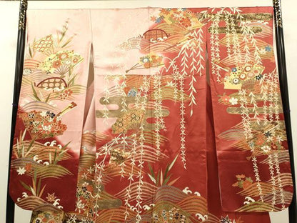 平和屋着物●豪華振袖　駒刺繍　扇面吉祥花文　金彩　正絹　逸品　DABK7858du