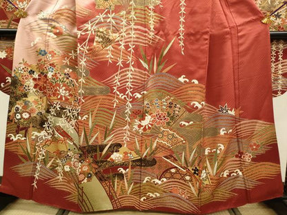 平和屋着物●豪華振袖　駒刺繍　扇面吉祥花文　金彩　正絹　逸品　DABK7858du