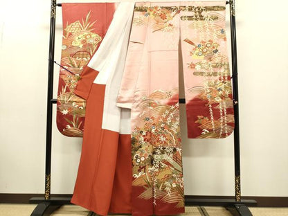 平和屋着物●豪華振袖　駒刺繍　扇面吉祥花文　金彩　正絹　逸品　DABK7858du