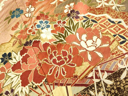 平和屋着物●豪華振袖　駒刺繍　扇面吉祥花文　金彩　正絹　逸品　DABK7858du