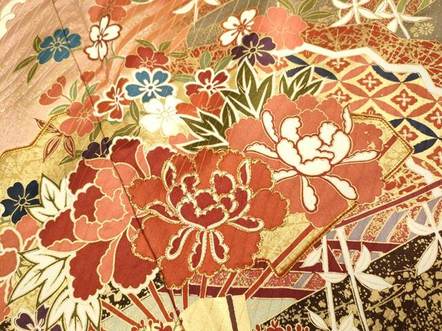 平和屋着物●豪華振袖　駒刺繍　扇面吉祥花文　金彩　正絹　逸品　DABK7858du