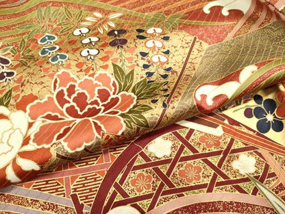 平和屋着物●豪華振袖　駒刺繍　扇面吉祥花文　金彩　正絹　逸品　DABK7858du