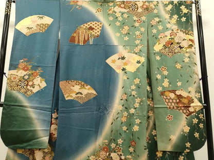 平和屋着物●豪華振袖　駒刺繍　地紙花車文　暈し染め　金彩　正絹　逸品　DABK7869du