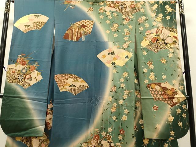 平和屋着物●豪華振袖　駒刺繍　地紙花車文　暈し染め　金彩　正絹　逸品　DABK7869du