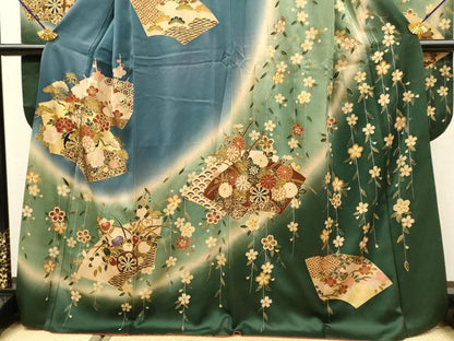 平和屋着物●豪華振袖　駒刺繍　地紙花車文　暈し染め　金彩　正絹　逸品　DABK7869du
