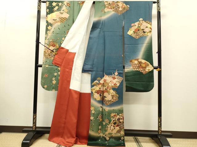 平和屋着物●豪華振袖　駒刺繍　地紙花車文　暈し染め　金彩　正絹　逸品　DABK7869du