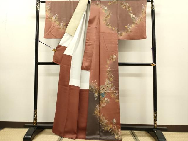 平和屋着物●訪問着　作家物　孔雀花文　暈し染め　金彩　正絹　逸品　DABK7872du