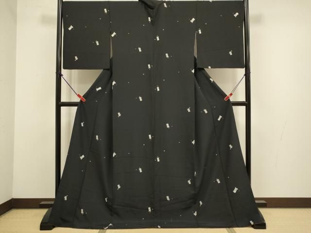 平和屋着物●上質な小紋　短冊花文　黒地　小田急百貨店扱い　ロング丈　正絹　逸品　DABK7992du