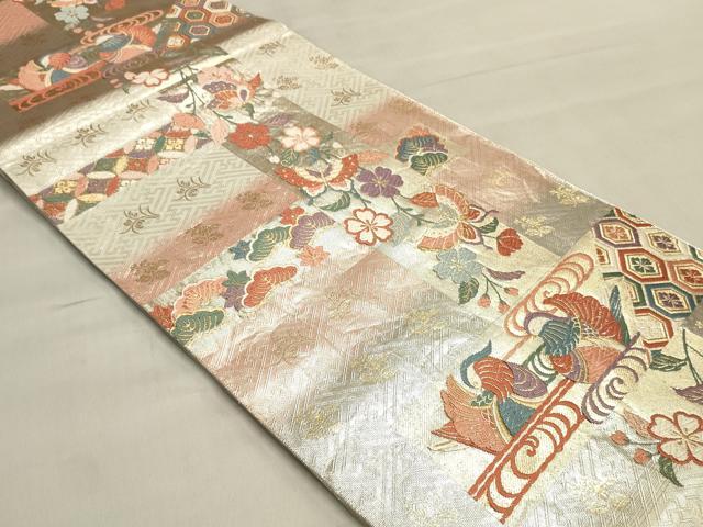 平和屋着物◎西陣　京の名門　じゅらく謹製　佐賀錦　六通柄袋帯　唐織　能装花鳥組模様　金銀糸　証紙付き　正絹　逸品　DABK8004ar