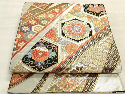 平和屋着物◎六通柄袋帯　唐織　正倉院亀甲花文　金銀糸　正絹　逸品　DABK8005ar
