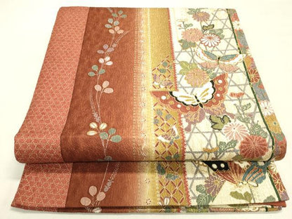 平和屋着物◎全通柄袋帯　ふくれ織　舞蝶花文　金彩　正絹　逸品　DABK8007ar