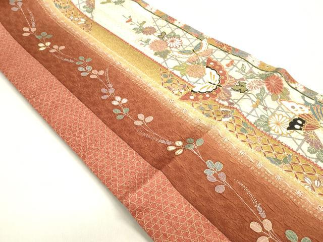 平和屋着物◎全通柄袋帯　ふくれ織　舞蝶花文　金彩　正絹　逸品　DABK8007ar