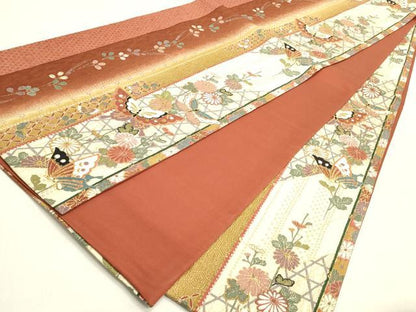平和屋着物◎全通柄袋帯　ふくれ織　舞蝶花文　金彩　正絹　逸品　DABK8007ar