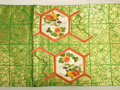 平和屋着物◎太鼓柄袋帯　駒刺繍　亀甲花文　金銀糸　正絹　逸品　DABK8009ar