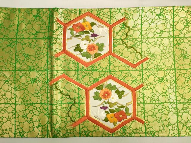 平和屋着物◎太鼓柄袋帯　駒刺繍　亀甲花文　金銀糸　正絹　逸品　DABK8009ar