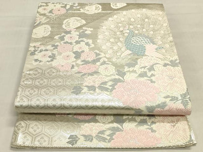 平和屋着物◎六通柄袋帯　唐織　孔雀花文　銀糸　正絹　逸品　DABK8011ar