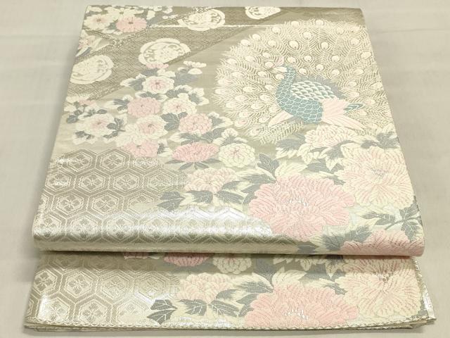 平和屋着物◎六通柄袋帯　唐織　孔雀花文　銀糸　正絹　逸品　DABK8011ar