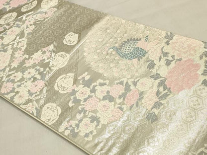 平和屋着物◎六通柄袋帯　唐織　孔雀花文　銀糸　正絹　逸品　DABK8011ar
