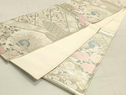 平和屋着物◎六通柄袋帯　唐織　孔雀花文　銀糸　正絹　逸品　DABK8011ar