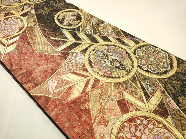 平和屋着物◎六通柄袋帯　向かい鶴花丸文　矢羽　黒地　金糸　正絹　逸品　DABK8056ar