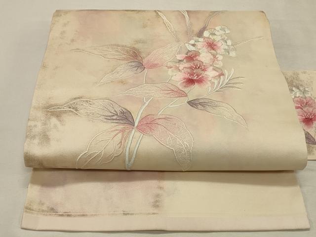 平和屋着物◎九寸名古屋帯　総刺繍　草花文　正絹　逸品　DABK8098ar