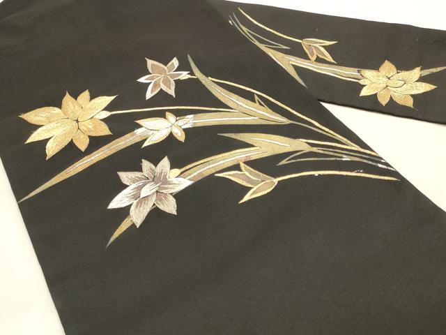 平和屋着物◎九寸名古屋帯　刺繍　草花文　黒地　金銀糸　DABK8107ar
