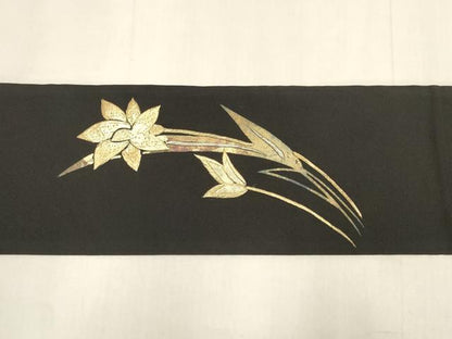 平和屋着物◎九寸名古屋帯　刺繍　草花文　黒地　金銀糸　DABK8107ar